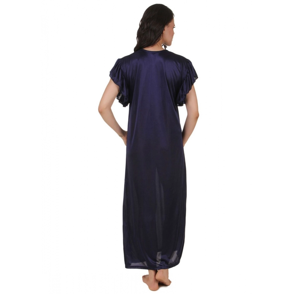 Women's Satin Long Nighty Frill Sleeve(Color: Navy Blue, Neck Type: V Neck)