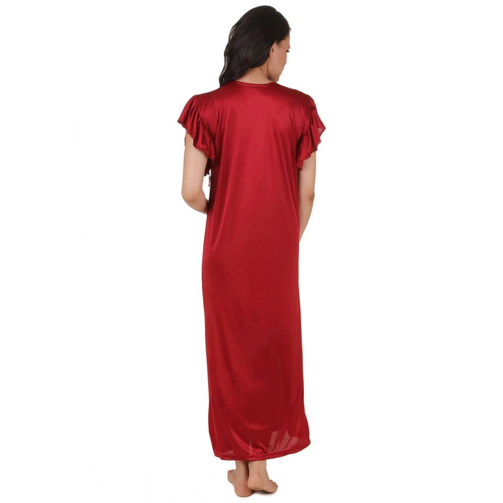 Women's Satin Long Nighty Frill Sleeve(Color: Maroon, Neck Type: V Neck)