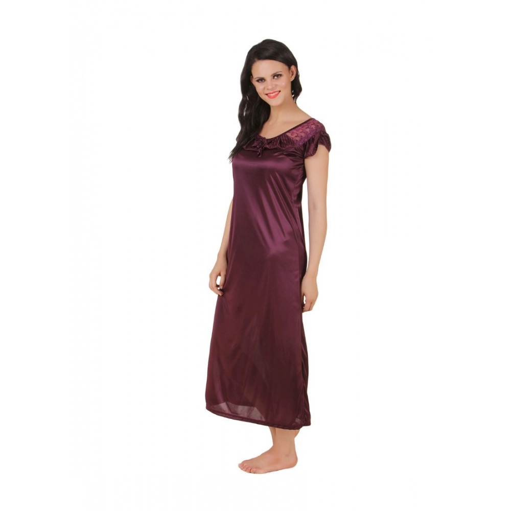 Women's Satin 2 PCs Set Of Nighty And Wrap Gown with Half Sleeve(Color: Choclate Brown, Neck Type: U Neck)