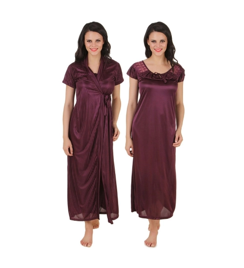 Women's Satin 2 PCs Set Of Nighty And Wrap Gown with Half Sleeve(Color: Choclate Brown, Neck Type: U Neck)