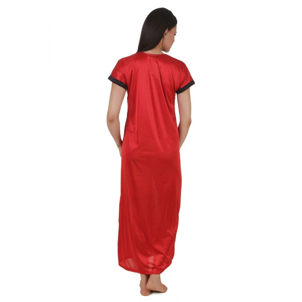 Women's Satin Long Nighty Mega Sleeve(Color: Red, Neck Type: V Neck)