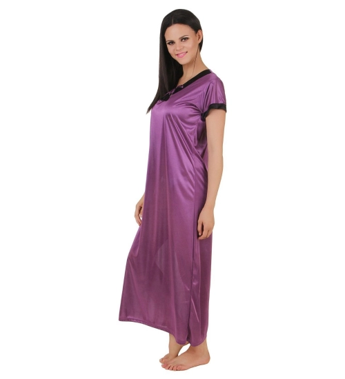 Women's Satin Long Nighty Mega Sleeve(Color: Purple, Neck Type: V Neck)