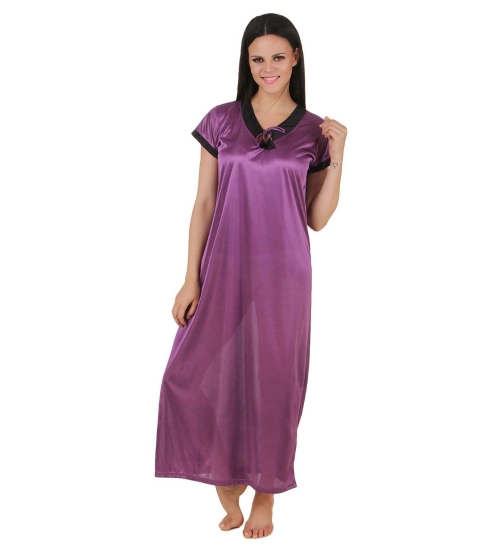 Women's Satin Long Nighty Mega Sleeve(Color: Purple, Neck Type: V Neck)