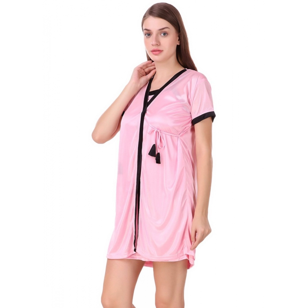Women's Satin Short Wrap Gown with Half Sleeve(Color: Baby Pink and Black, Neck Type: V Neck)