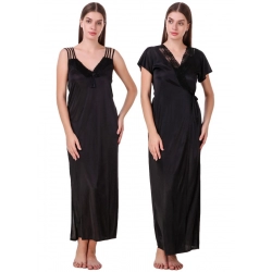 Women's Satin 2 PCs Set of Nighty And Wrap Gown with Half Sleeve(Color: Black, Neck Type: V Neck)
