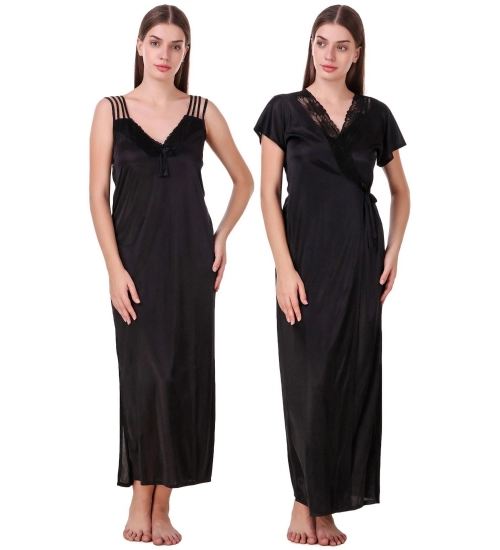 Women's Satin 2 PCs Set of Nighty And Wrap Gown with Half Sleeve(Color: Black, Neck Type: V Neck)