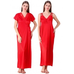 Women's Satin 2 PCs Set of Nighty And Wrap Gown with Half Sleeve(Color: Red, Neck Type: V Neck)