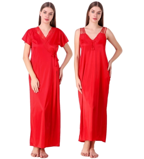 Women's Satin 2 PCs Set of Nighty And Wrap Gown with Half Sleeve(Color: Red, Neck Type: V Neck)