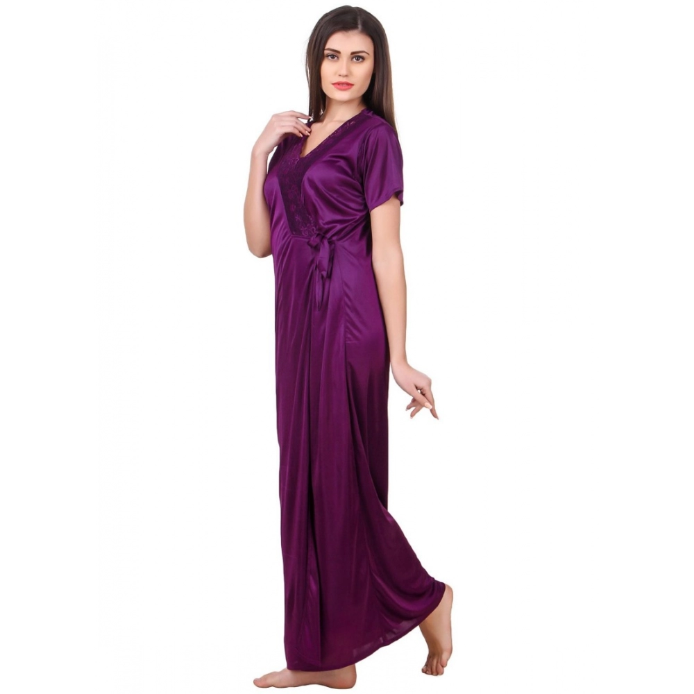 Women's Satin 2 PCs Set of Nighty And Wrap Gown with Half Sleeve(Color: Purple, Neck Type: V Neck)