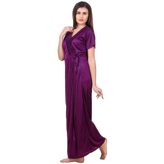 Women's Satin 2 PCs Set of Nighty And Wrap Gown with Half Sleeve(Color: Purple, Neck Type: V Neck)