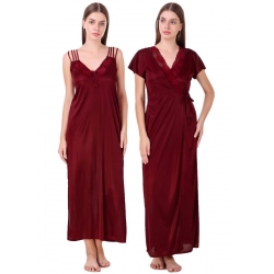 Women's Satin 2 PCs Set of Nighty And Wrap Gown with Half Sleeve(Color: Maroon, Neck Type: V Neck)