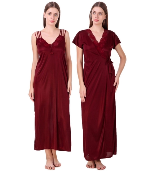 Women's Satin 2 PCs Set of Nighty And Wrap Gown with Half Sleeve(Color: Maroon, Neck Type: V Neck)