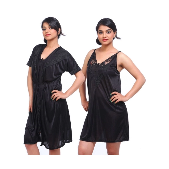 Women's Satin 2 PCs Set Of Nighty And Wrap Gown with Half Sleeve Nightdress(Color: Black, Neck Type: V Neck) Women's Satin 2 PCs Set Of Nighty And Wrap Gown with Half Sleeve Nightdress(Color: Black, Neck Type: V Neck)