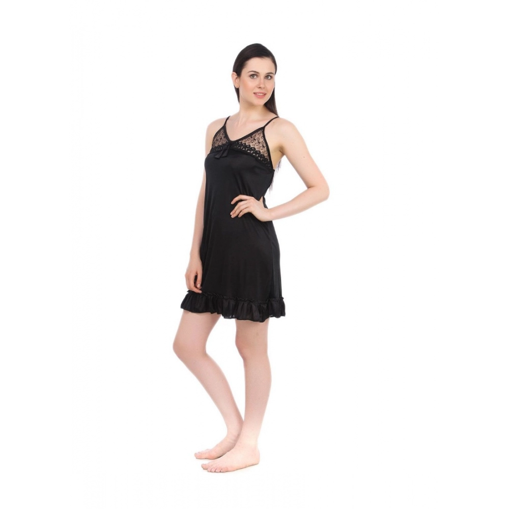 Women's Satin Short Nighty with Sleeve Less(Color: Black, Neck Type: V Neck)