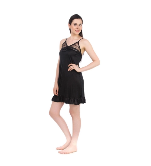 Women's Satin Short Nighty with Sleeve Less(Color: Black, Neck Type: V Neck)