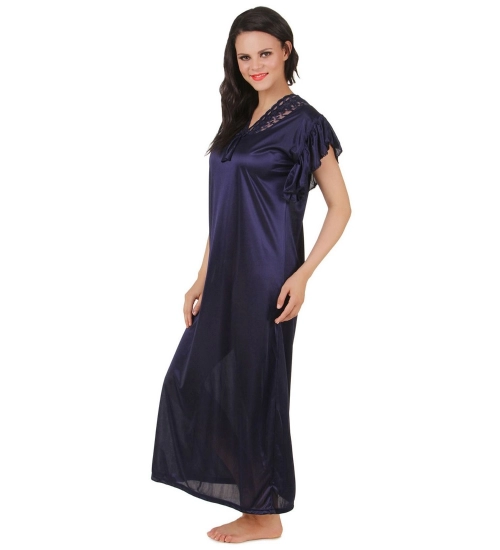 Women's Satin Long Nighty Frill Sleeve(Color: Navy Blue, Neck Type: V Neck)