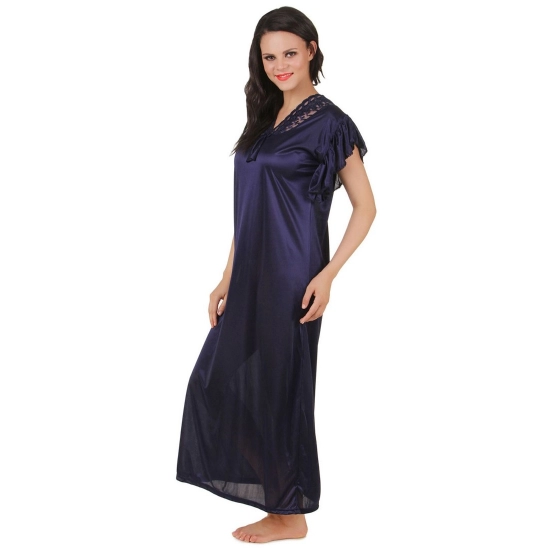 Women's Satin Long Nighty Frill Sleeve(Color: Navy Blue, Neck Type: V Neck)