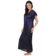 Women's Satin Long Nighty Frill Sleeve(Color: Navy Blue, Neck Type: V Neck)