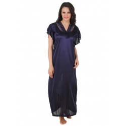 Women's Satin Long Nighty Frill Sleeve(Color: Navy Blue, Neck Type: V Neck)