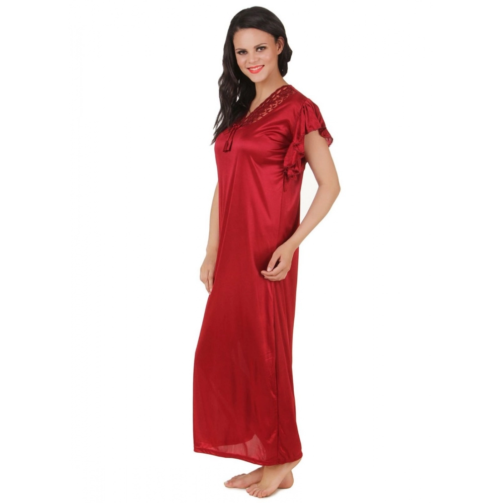 Women's Satin Long Nighty Frill Sleeve(Color: Maroon, Neck Type: V Neck)