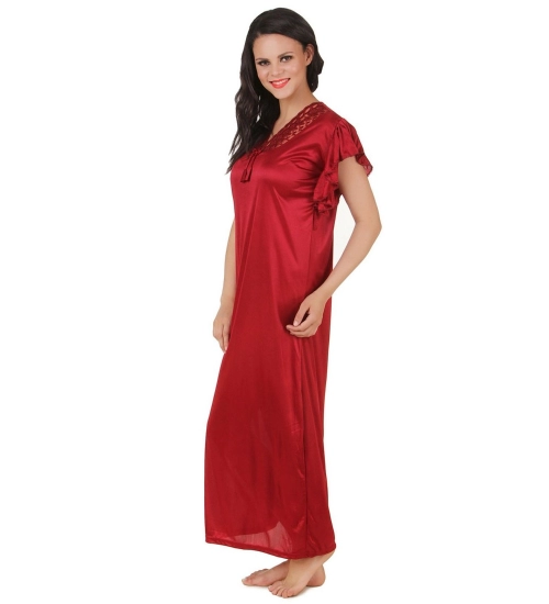 Women's Satin Long Nighty Frill Sleeve(Color: Maroon, Neck Type: V Neck)
