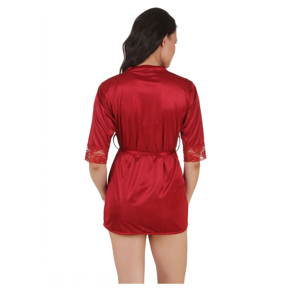 Women's Satin Babydoll Robe with Thong with Half Sleeve(Color: Maroon, Neck Type: V Neck)