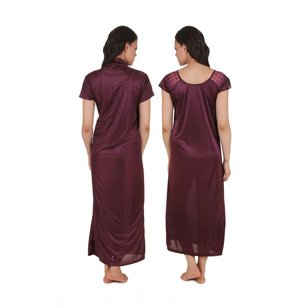 Women's Satin 2 PCs Set Of Nighty And Wrap Gown with Half Sleeve(Color: Choclate Brown, Neck Type: U Neck)