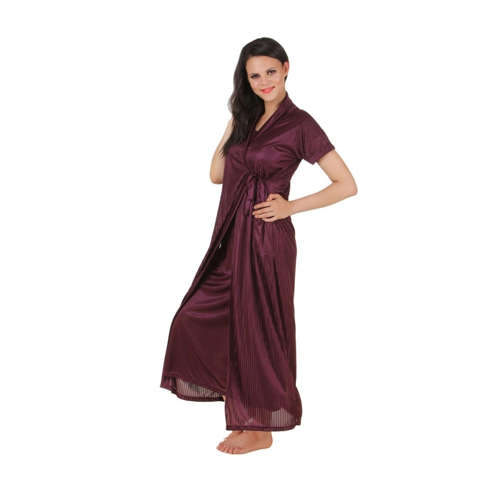 Women's Satin 2 PCs Set Of Nighty And Wrap Gown with Half Sleeve(Color: Choclate Brown, Neck Type: U Neck)