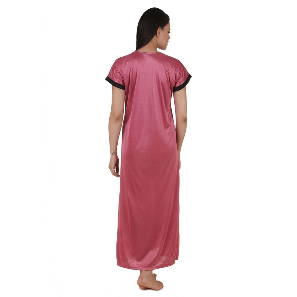 Women's Satin Long Nighty Mega Sleeve(Color: Strawberry Milk, Neck Type: V Neck)
