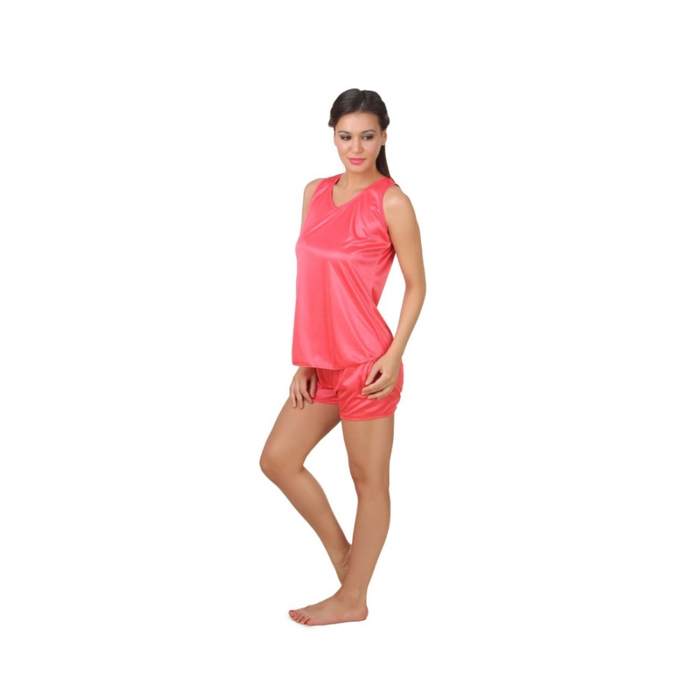Women's Satin Top And Shorts Set with Sleeve Less(Color: Pink, Neck Type: V Neck)