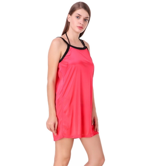 Women's Satin Short Nighty with Half Sleeve(Color: Coral Red and Black, Neck Type: V Neck)
