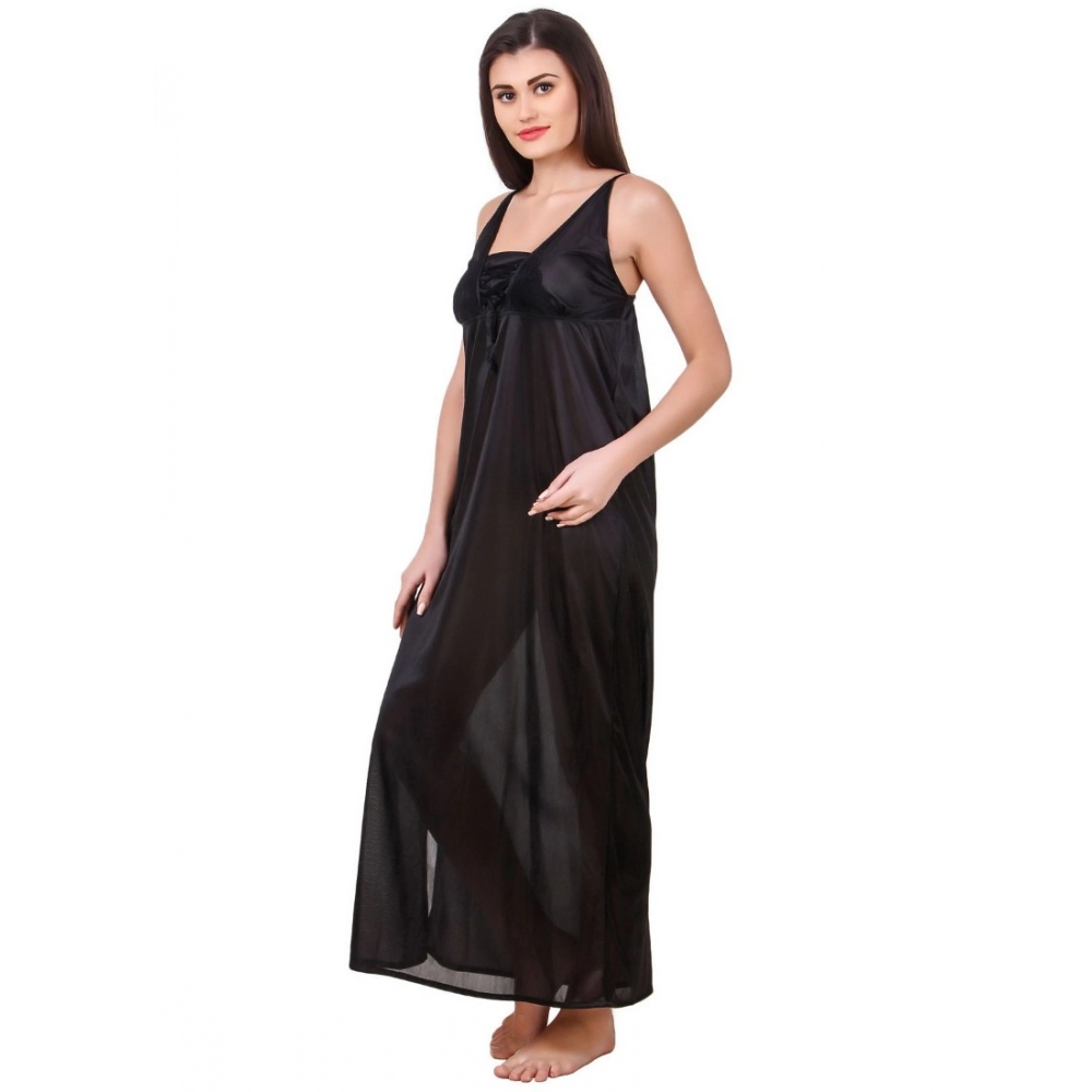 Women's Satin 2 PCs Set of Nighty And Wrap Gown with Half Sleeve(Color: Black, Neck Type: V Neck)