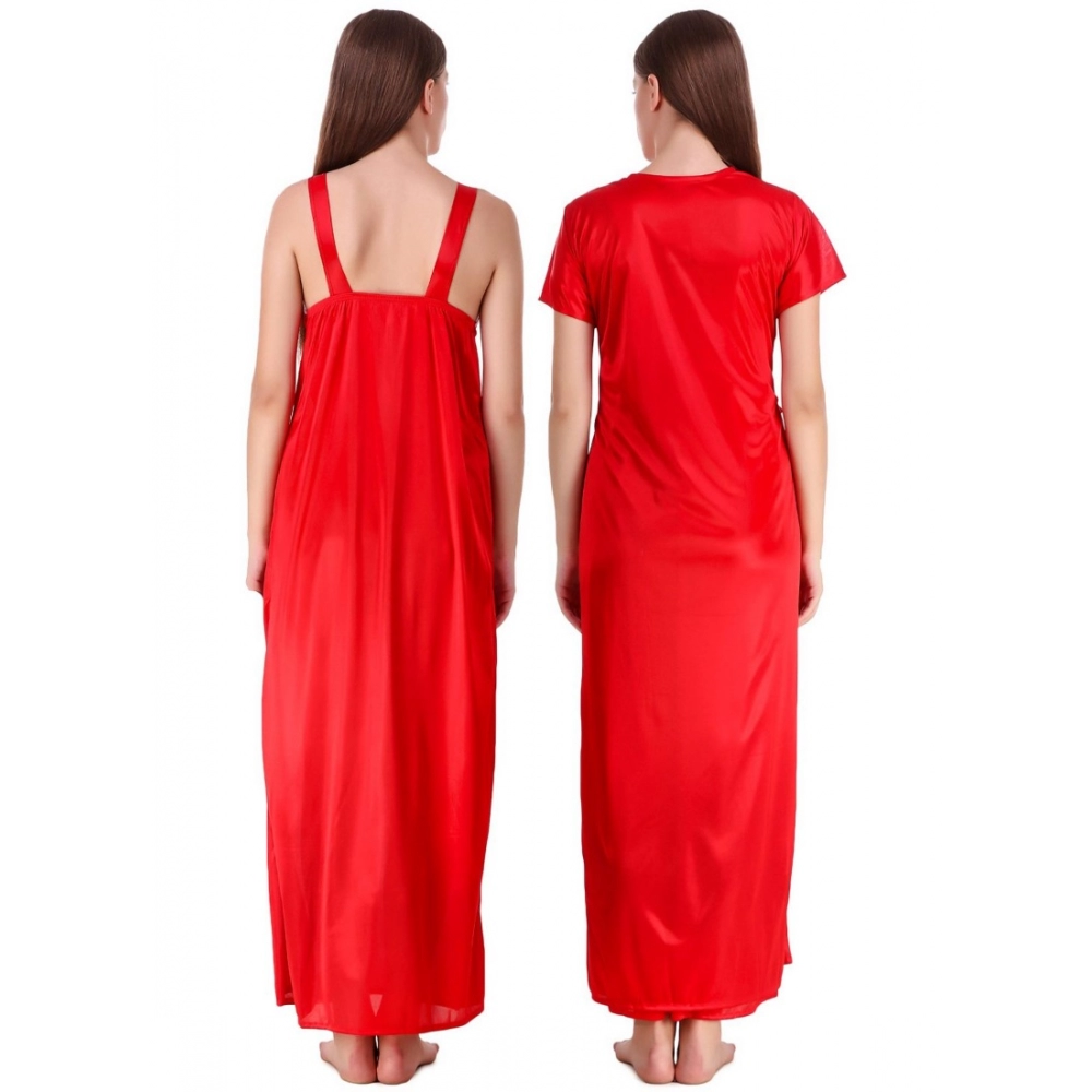 Women's Satin 2 PCs Set of Nighty And Wrap Gown with Half Sleeve(Color: Red, Neck Type: V Neck)