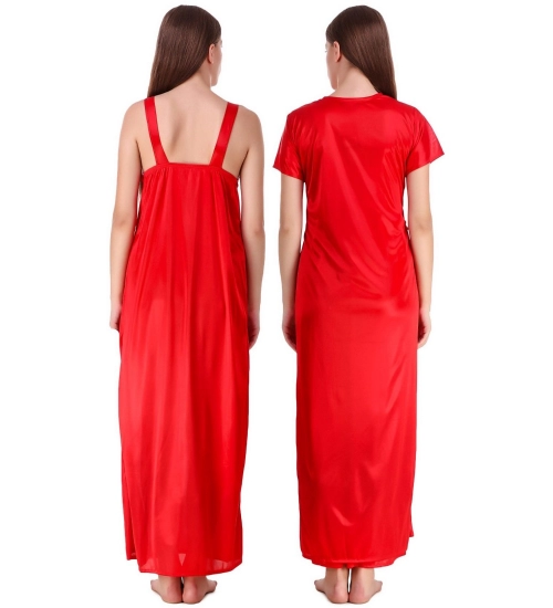 Women's Satin 2 PCs Set of Nighty And Wrap Gown with Half Sleeve(Color: Red, Neck Type: V Neck)
