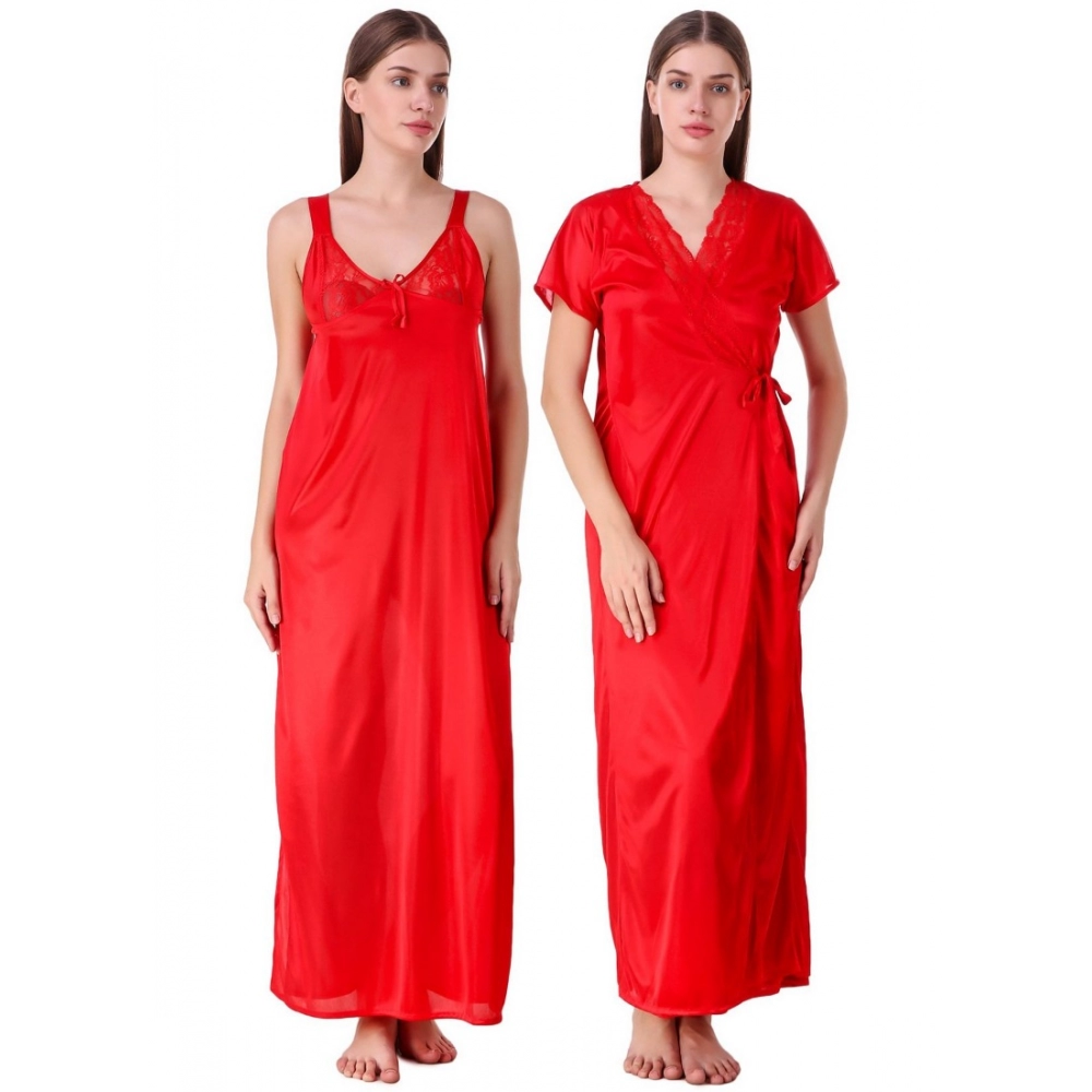 Women's Satin 2 PCs Set of Nighty And Wrap Gown with Half Sleeve(Color: Red, Neck Type: V Neck)
