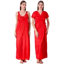 Women's Satin 2 PCs Set of Nighty And Wrap Gown with Half Sleeve(Color: Red, Neck Type: V Neck)