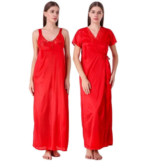 Women's Satin 2 PCs Set of Nighty And Wrap Gown with Half Sleeve(Color: Red, Neck Type: V Neck)