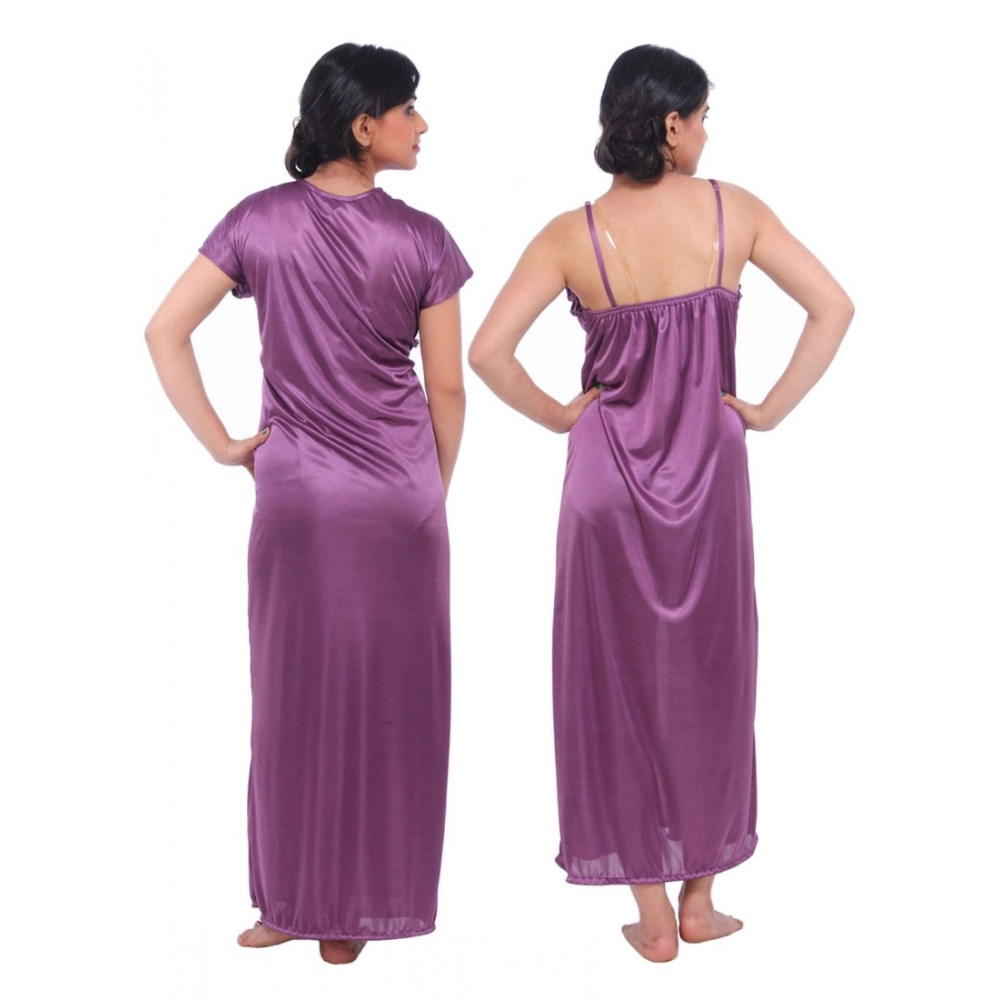 Women's Satin 2 PCs Set Of Nighty And Wrap Gown Mega Sleeve(Color: Purple, Neck Type: Square Neck)