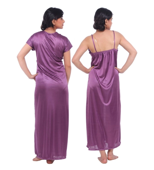 Women's Satin 2 PCs Set Of Nighty And Wrap Gown Mega Sleeve(Color: Purple, Neck Type: Square Neck)