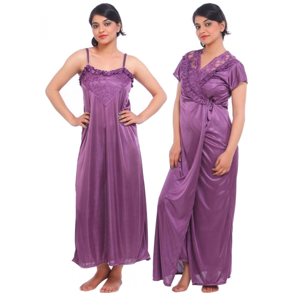 Women's Satin 2 PCs Set Of Nighty And Wrap Gown Mega Sleeve(Color: Purple, Neck Type: Square Neck)