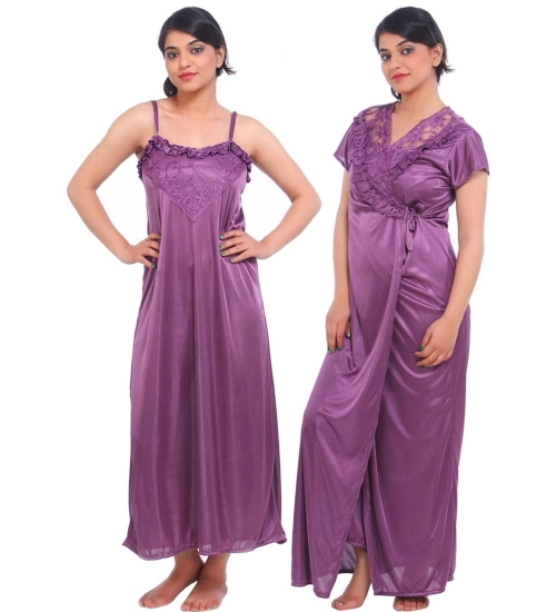Women's Satin 2 PCs Set Of Nighty And Wrap Gown Mega Sleeve(Color: Purple, Neck Type: Square Neck)