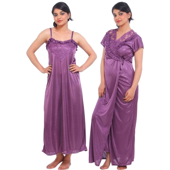 Women's Satin 2 PCs Set Of Nighty And Wrap Gown Mega Sleeve(Color: Purple, Neck Type: Square Neck) Women's Satin 2 PCs Set Of Nighty And Wrap Gown Mega Sleeve(Color: Purple, Neck Type: Square Neck)