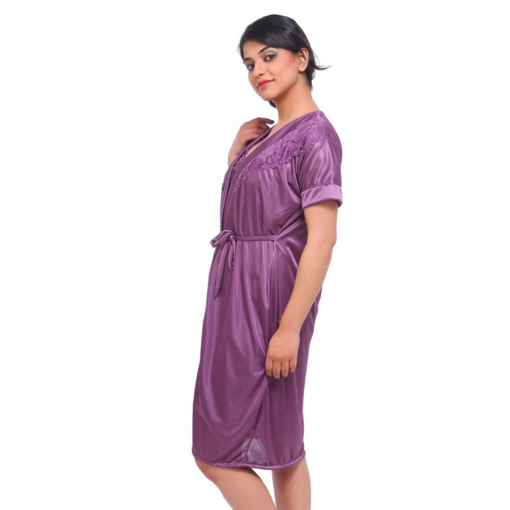 Women's Satin 2 PCs Set Of Nighty And Wrap Gown with Half Sleeve Nightdress(Color: Purple, Neck Type: V Neck)
