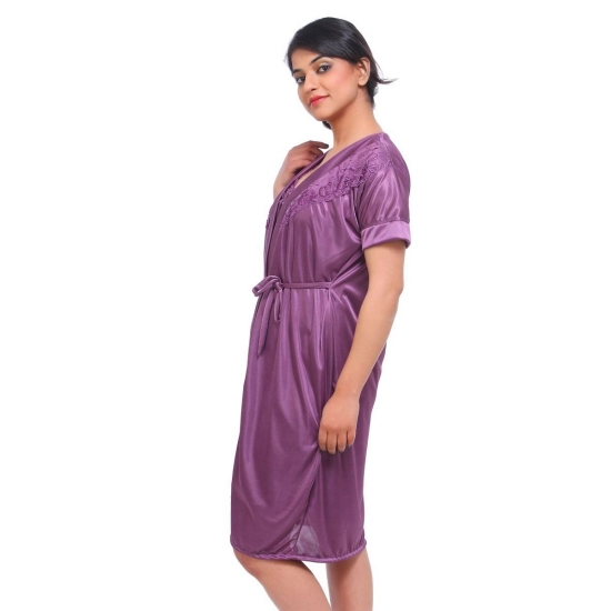 Women's Satin 2 PCs Set Of Nighty And Wrap Gown with Half Sleeve Nightdress(Color: Purple, Neck Type: V Neck) Women's Satin 2 PCs Set Of Nighty And Wrap Gown with Half Sleeve Nightdress(Color: Purple, Neck Type: V Neck)