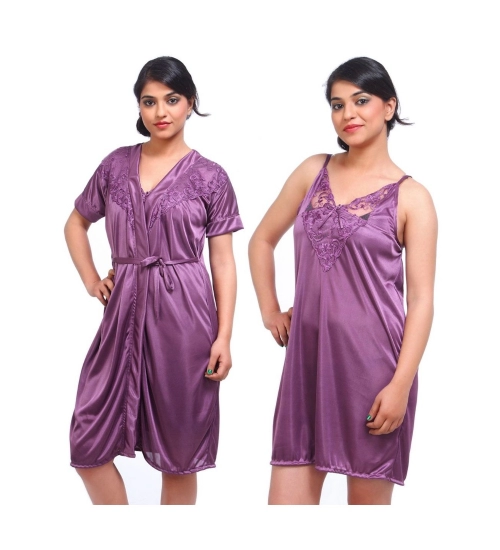 Women's Satin 2 PCs Set Of Nighty And Wrap Gown with Half Sleeve Nightdress(Color: Purple, Neck Type: V Neck)