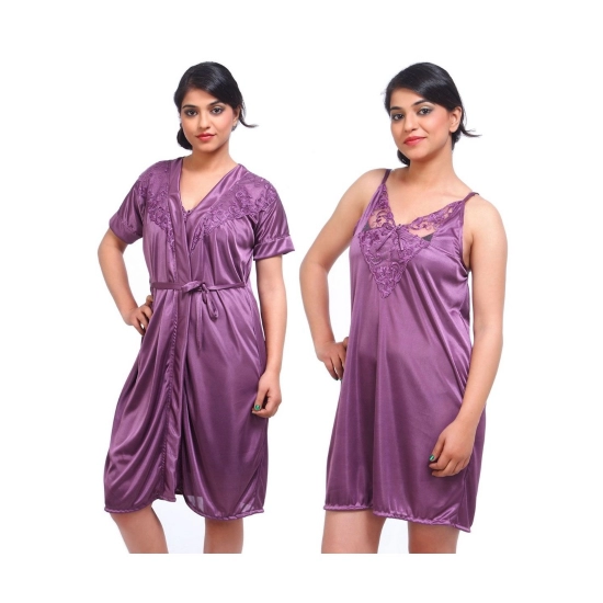 Women's Satin 2 PCs Set Of Nighty And Wrap Gown with Half Sleeve Nightdress(Color: Purple, Neck Type: V Neck) Women's Satin 2 PCs Set Of Nighty And Wrap Gown with Half Sleeve Nightdress(Color: Purple, Neck Type: V Neck)