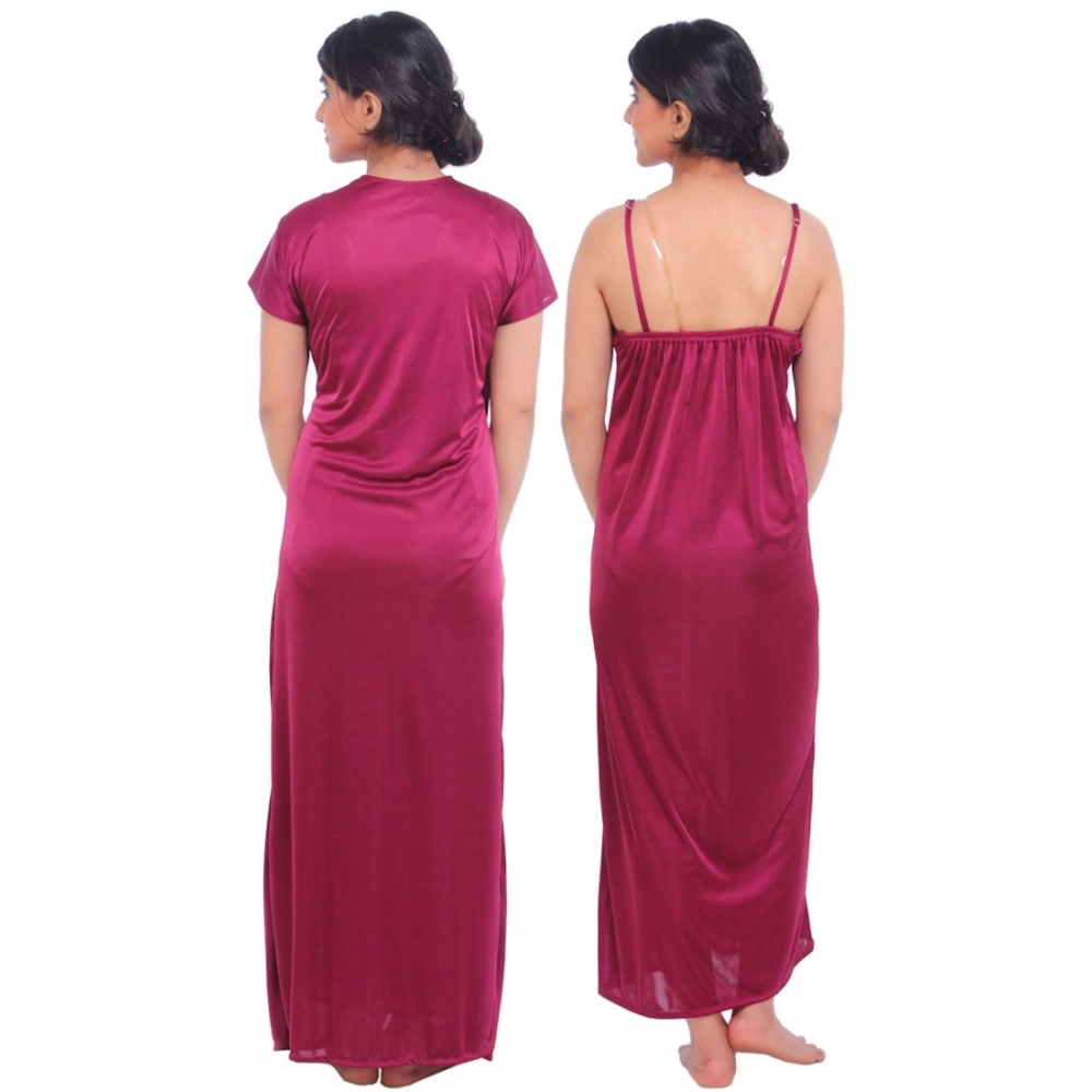 Women's Satin 2 PCs Set Of Nighty And Wrap Gown Mega Sleeve(Color: Wine, Neck Type: Square Neck)