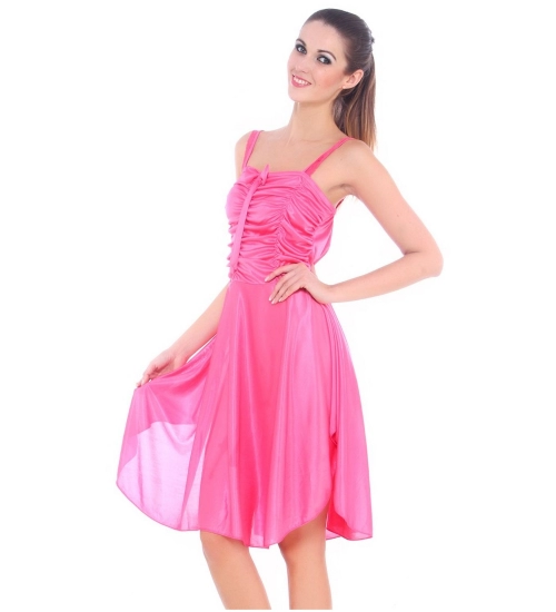 Women's Satin Short Nighty with Sleeve Less(Color: Pink, Neck Type: Square Neck)