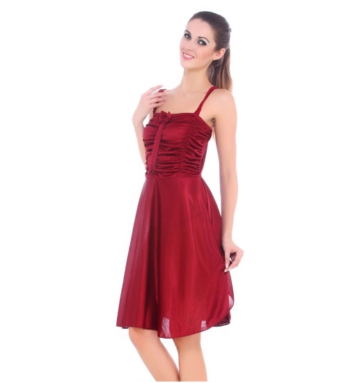 Women's Satin Short Nighty with Sleeve Less(Color: Maroon, Neck Type: Square Neck)