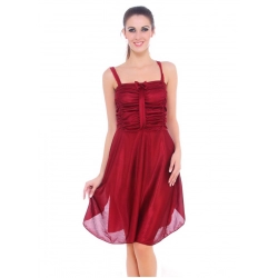 Women's Satin Short Nighty with Sleeve Less(Color: Maroon, Neck Type: Square Neck)